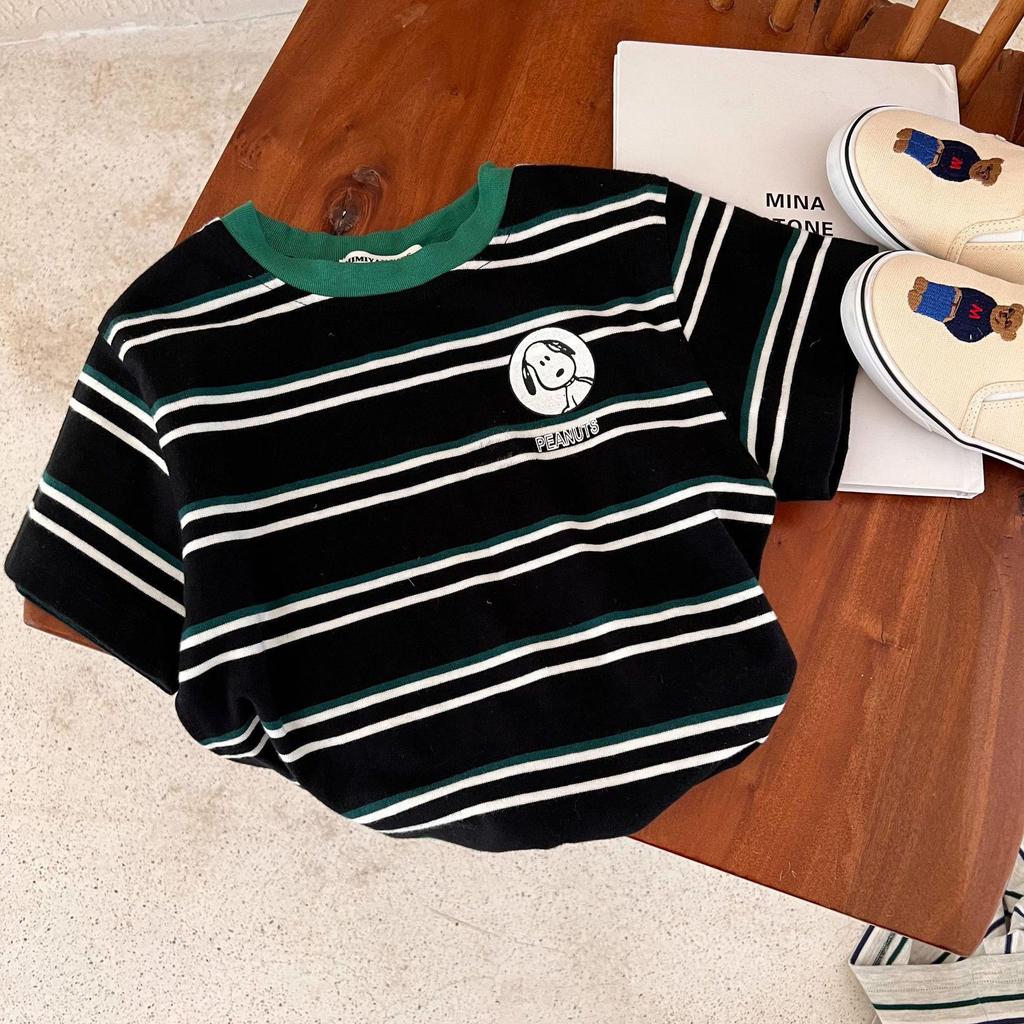 Ice Silk Cotton Striped Heart Short Sleeve Baby Top - Unisex Summer 2025