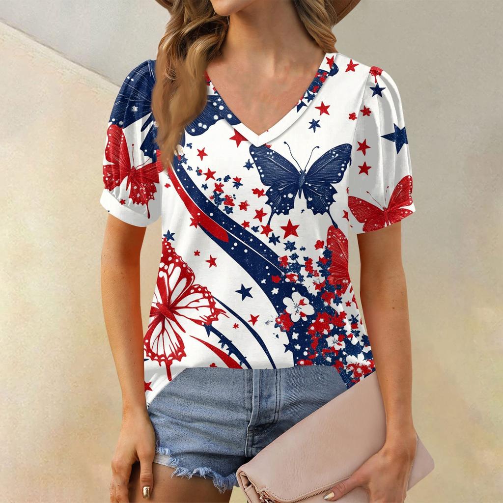 Women's Fashion Independence Day Print Top Puff Short Sleeve V-neck T-shirt Loose Casual T-shirt
