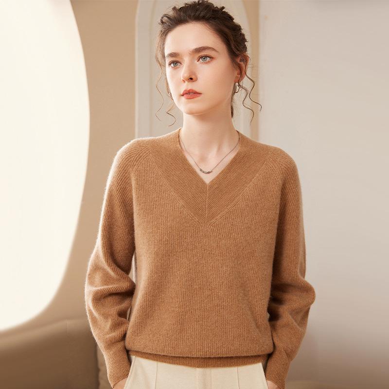 New Women's Plus Size V-neck Cashmere Knit Sweater - Thick, Warm, Loose Fit, Versatile Casual Outerwear.