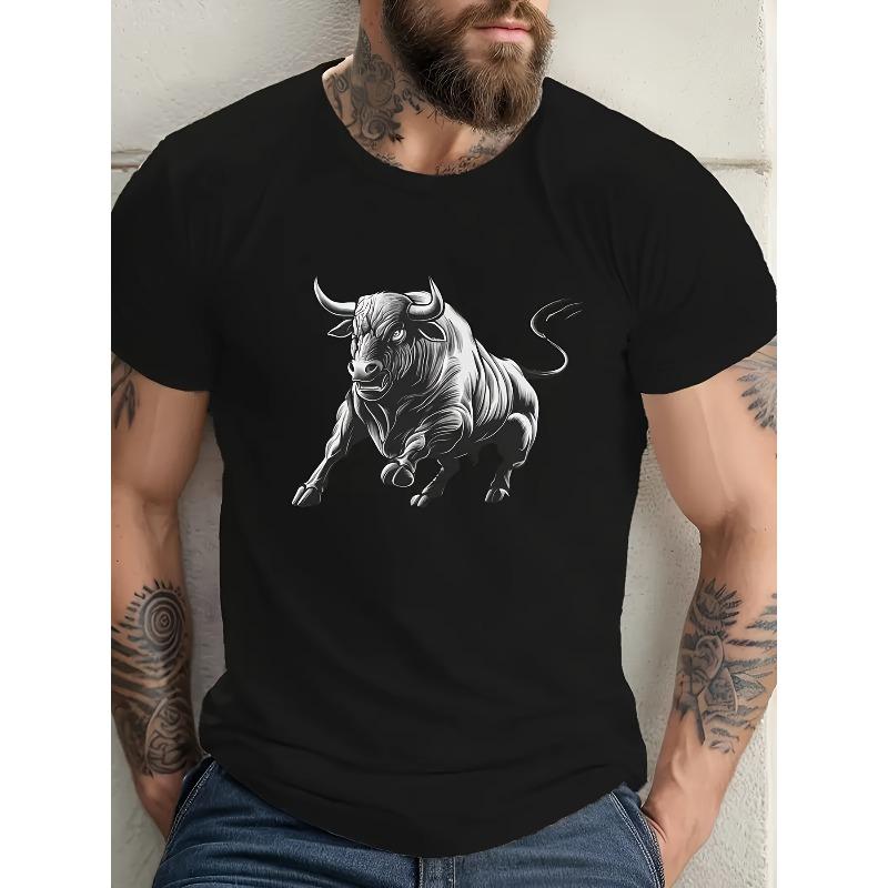 

European sizes Men s Round-neck Short-sleeve T-shirt, Featuring a Spanish Charging Bull Design with a Wrinkled Texture 4XL чорний
