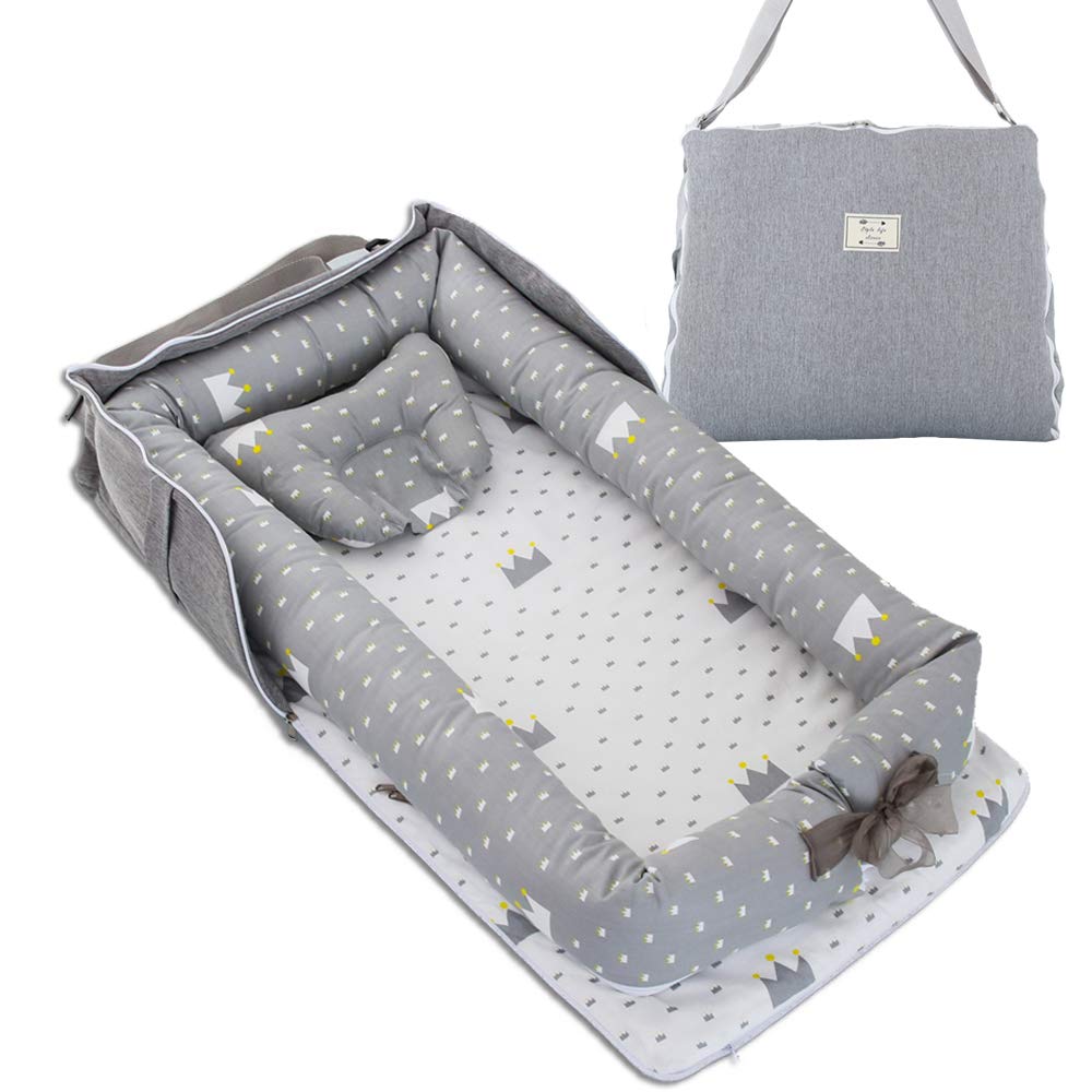 

Детская кроватка для новорожденных складная с подушкой портативная переносная детская кроватка подарок на детский праздник дышащая моющаяся от 0 месяцев и старше с ограничителями переворотов серый