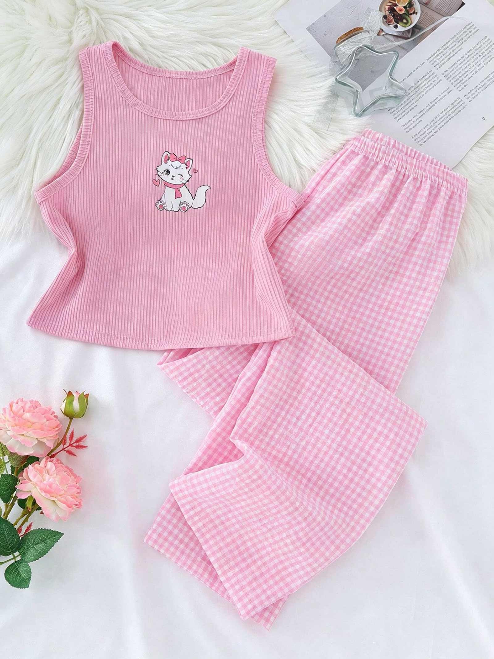 Girls Pajama Set, Sleeveless Cat Print Tank Top & Plaid Pants, Soft Ribbed Loungewear Sleepwear for Kids 8-12 Years 8Y розовый