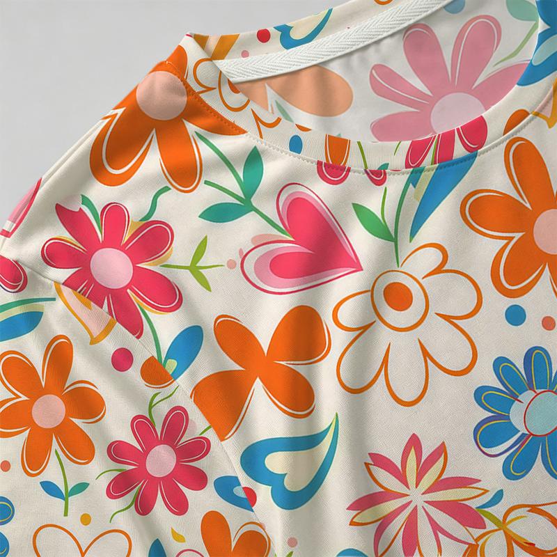 Women’s Colorful Floral Print Short Sleeve T-Shirt - Soft Street Casual Top, Versatile for Daily & Campus Wear
