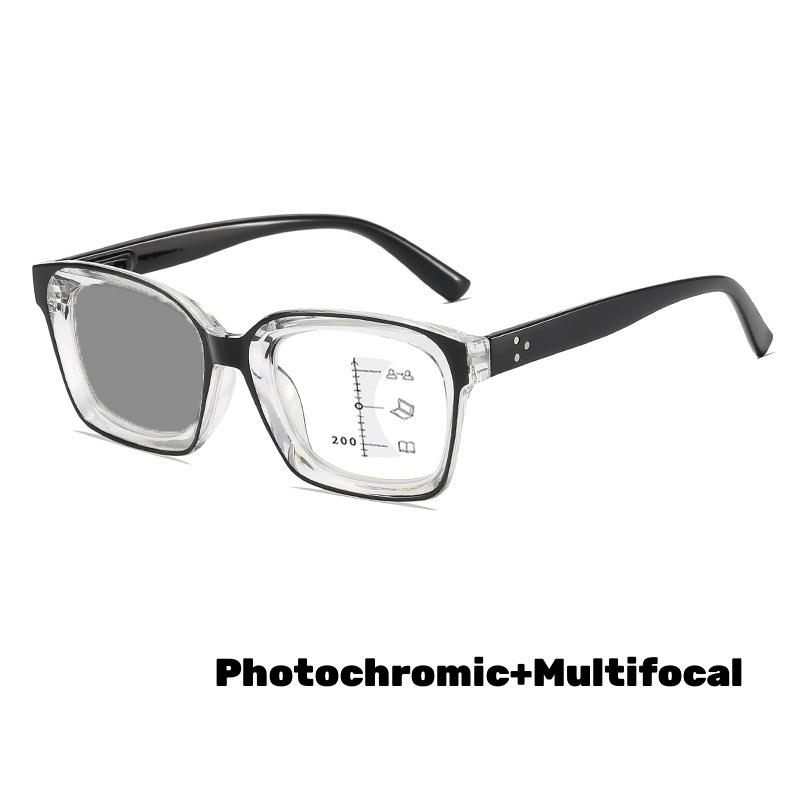 Pochromic Multifocal Reading Glasses for Women Men Suqare Frame Progressive Presbyopia Glasses Ultralight Anti-UV Presbyopia