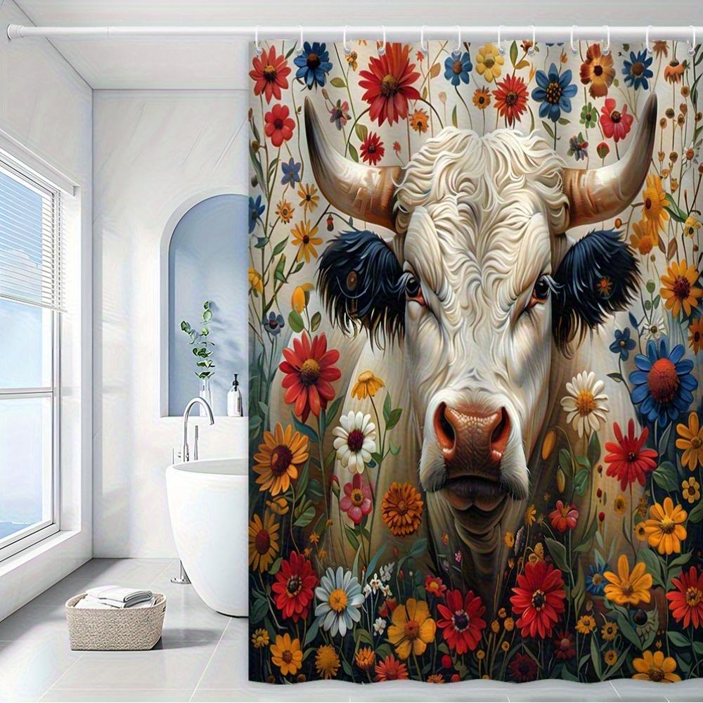 

Whimsical Cow & Floral Bath Curtain -Colorful Flowers & Playful Design,Waterproof Home Decor Adds Fun and Charm to Your Bathroom W90XH180cm