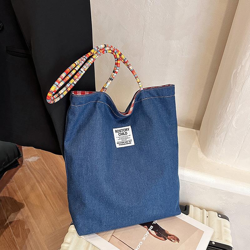 

Американская двусторонняя сумка, клетчатая джинсовая парусиновая сумка, универсальная сумка-тоут для поездок на работу, ретро контрастная цветная сумка, доступная с обеих сторон красный