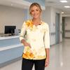 Women's Floral Print V Neck Medical Scrub Top with Pockets Side Slits and Three Quarter Sleeves Lightweight Comfortable Fit