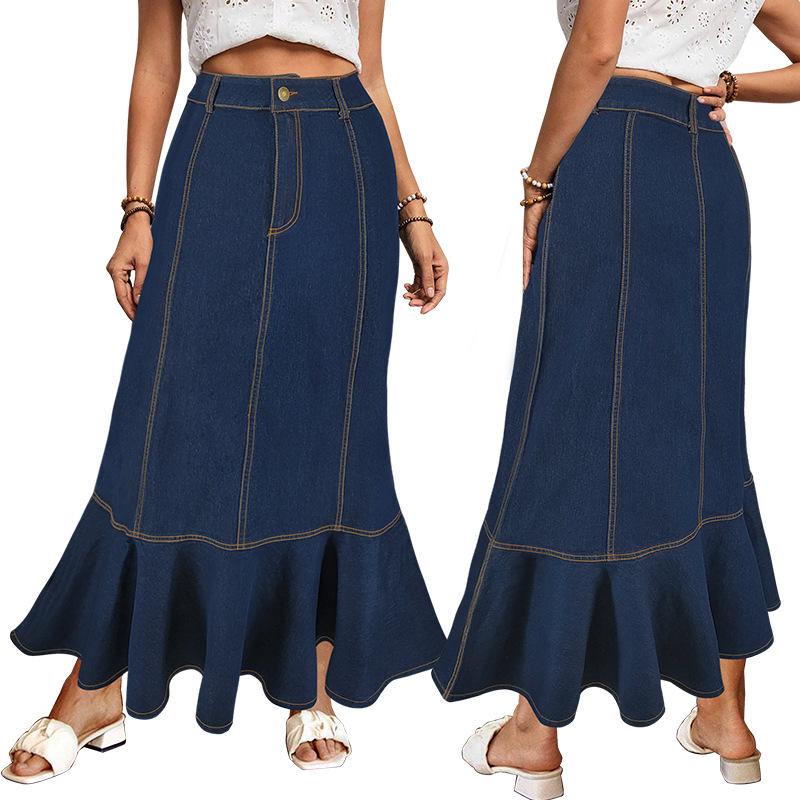 

Large Size Women s New Denim Elastic Waistband Long Skirt S