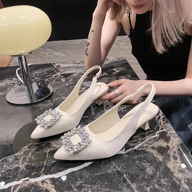 Fashion Elegant Woman Green Heeled Slingbacks Shoes Women Square Rhinestone Buckle Pointed Toe High Heel Kitten Heels Slip-on Pumps