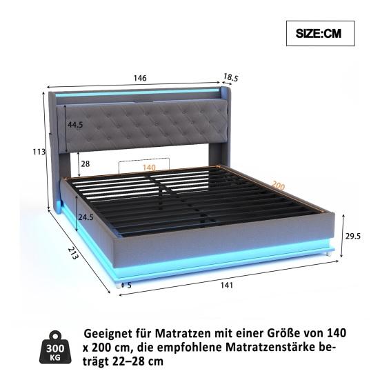 LED Polsterbett 140x200cm mit USB-Ladeanschluss und hydraulischem Stauraum, hautfreundlicher Leinenstoff Grau