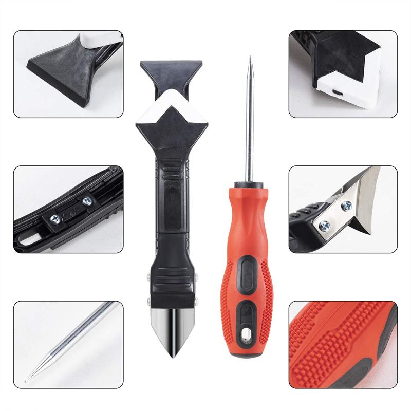 3 in 1 Silicone Caulking Tool Sealant Finishing Tool with Grout Scraper Scratch Awl 6 Exchange Silicone Pads 25 Finger Cots