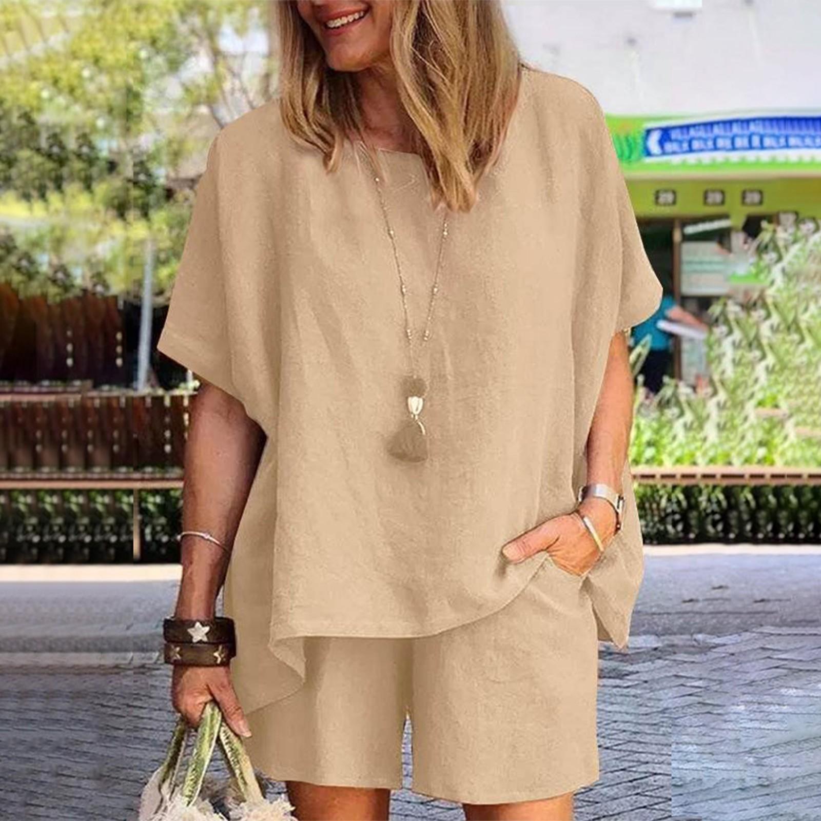 

Женский летний костюм, модные темпераментные однотонные свободные шорты с короткими рукавами и эластичной резинкой на талии, комплект из двух предметов XXL хаки