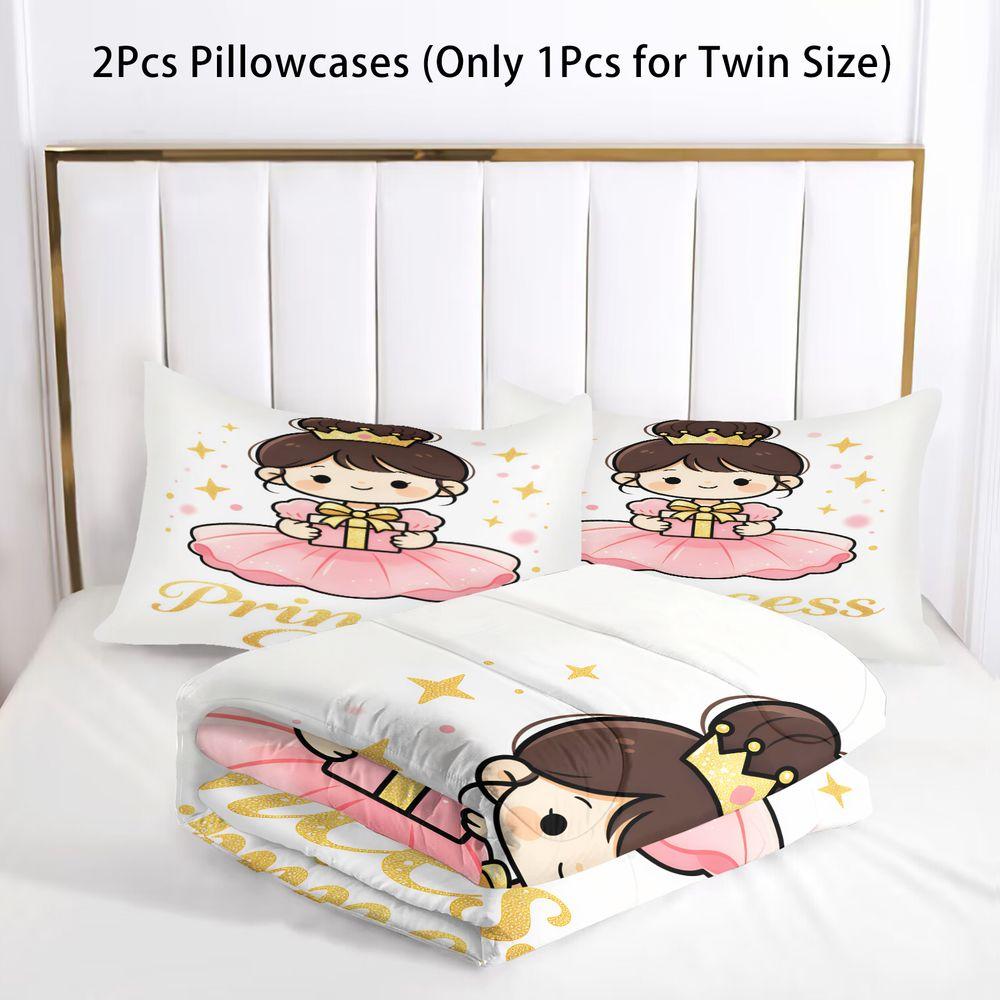 Cute Princess Print Comforter Set Bedding Set With Pillowcase Soft Microfiber Quilt For Girls Bedroom Home Decor Gift