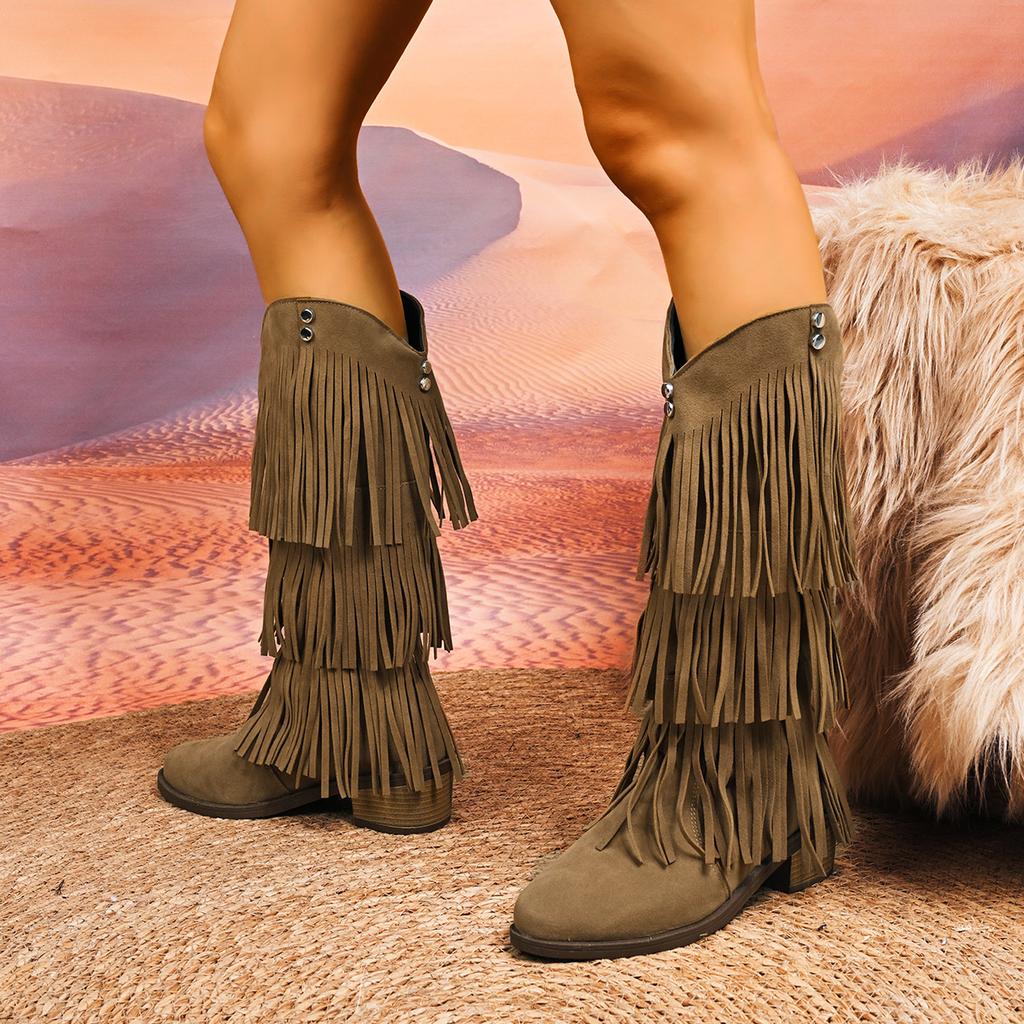 2026 New High Boots Women Bohemian Flock Mid-Calf Boots Wedge Booties Autumn Winter Ethnic Casual Shoes