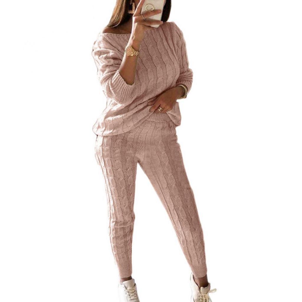 2Pcs/Set Women Solid Color Off Shoulder Sweater Knitted Pants