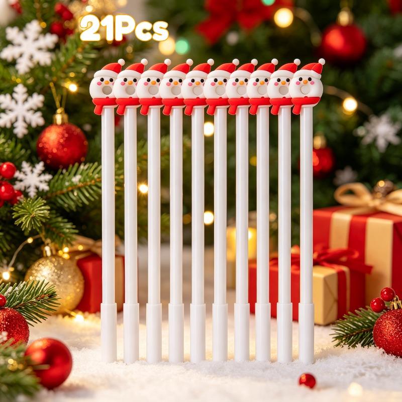 21Pcs Christmas Snowman Topper Writing Pen, Back to School Season Student Stationery, Cute Holiday themed Decorative Pen, Novelty X mas Desk Accessory