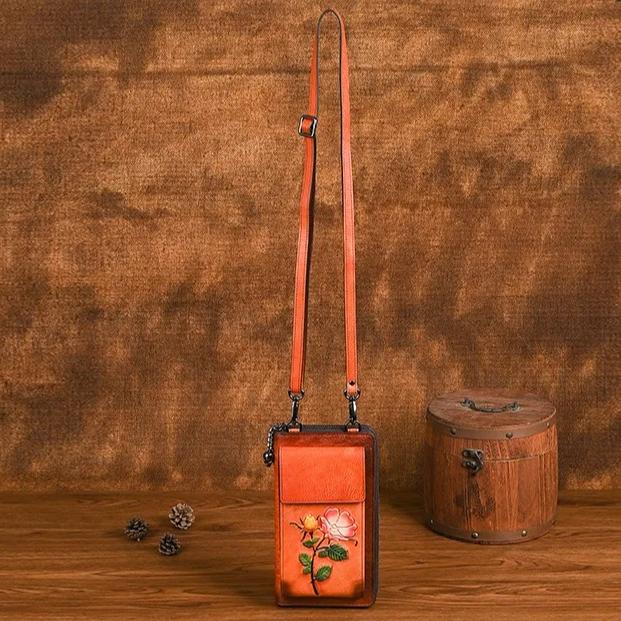 Johnature Genuine Leather Women's Wallet Hand Purse Embossed Phone Bag Retro Mini Crossbody Bag