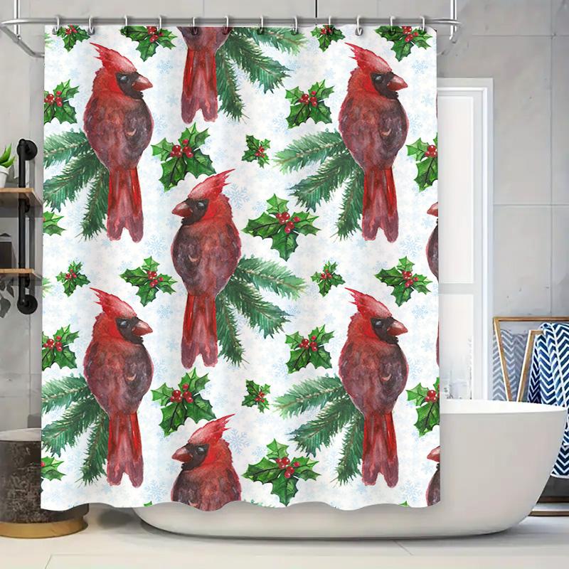 

Watercolor Holiday Shower Curtain featuring Cardinals Holly Christmas Decor for Bathroom Red Floral Design 90x180cm