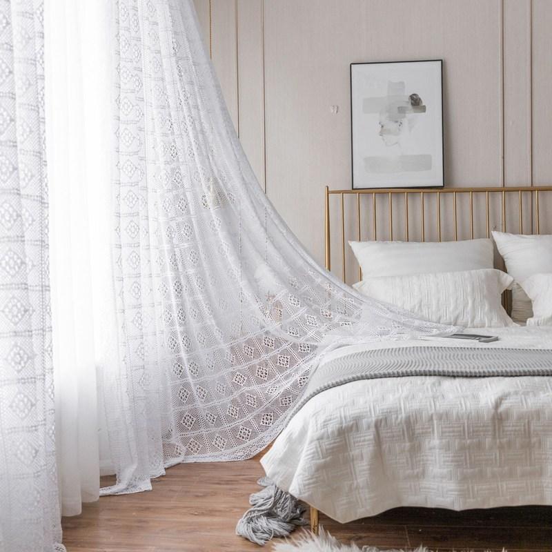 Polyester Cotton White Translucent Retro Hollow Out Curtain Finished North American Rural Fabric Floor Screen Bedroom Curtain