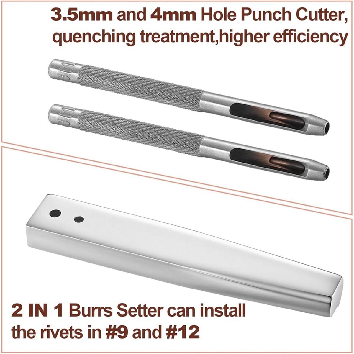 

BHBL 100 Sets Copper Rivets and Burrs 9 and 12 Burrs Setter Assorted Leather Rivet Kit with Hole Punch Cutter Kit for Belts China Mainland
