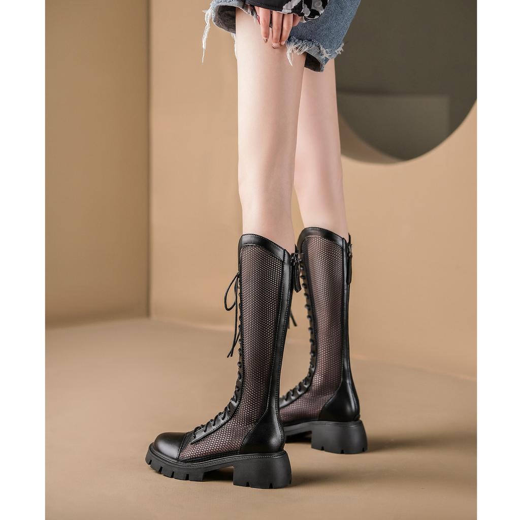 Long Tube Mesh Boots for Women In Spring and Summer 2025 New Soft Leather Thin Version Thick Soled Lace Up Mesh Knight Boots