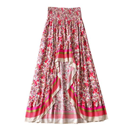 

Женская макси-юбка с высокой талией, неровный подол, цветочный принт, богемная передняя короткая задняя часть, длинная эластичная талия, лоскутная женская пляжная длинная юбка для отдыха L красный