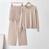 Womens Winter Knit Set: Round Neck Sweater With Rhinestone Embellishment Straight Leg Pants