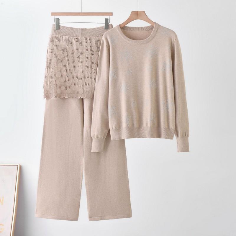 Womens Winter Knit Set: Round Neck Sweater With Rhinestone Embellishment Straight Leg Pants