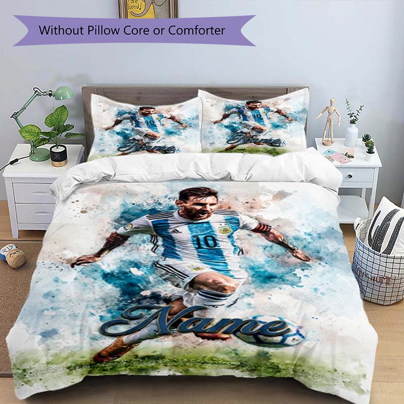 Messi Custom Name Soccer Watercolor Personalized Name Bedding Set,Light Bed Linen for Dorm Home Decoration,Perfect Festival Gift for Boys,Fade Resista