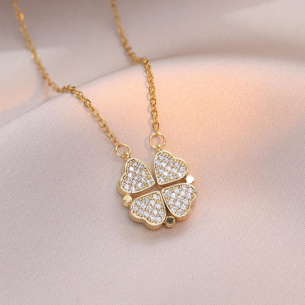 1pc Heart Shaped Four Leaf Clover Pendant Necklace Jewelry Zircon Women Love Clavicle Chain Gifts Openable ChokerJewelry