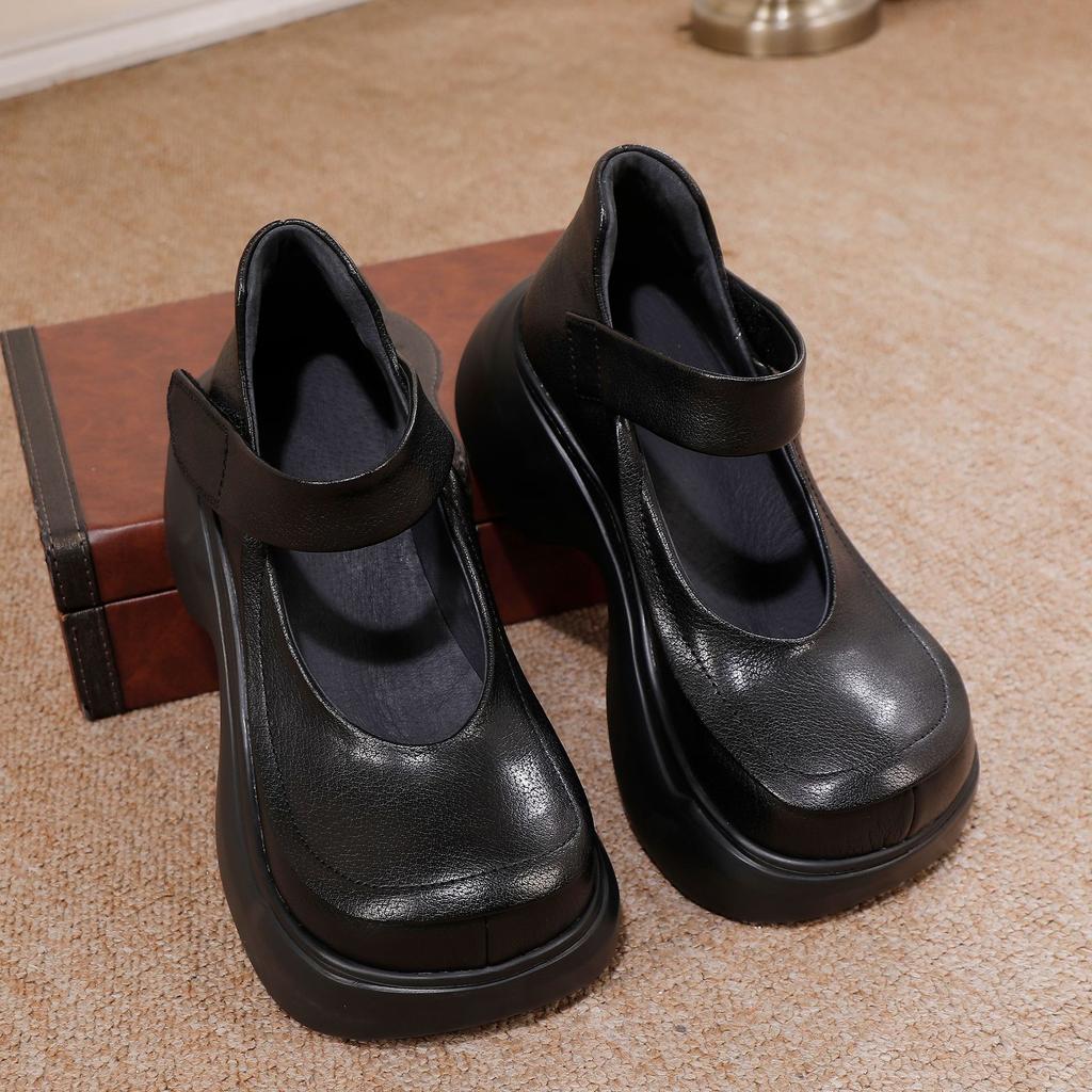 Johnature Plateau-Pumps Retro Echtes Leder Runde Spitze Vielseitige Damen-Plateauschuh