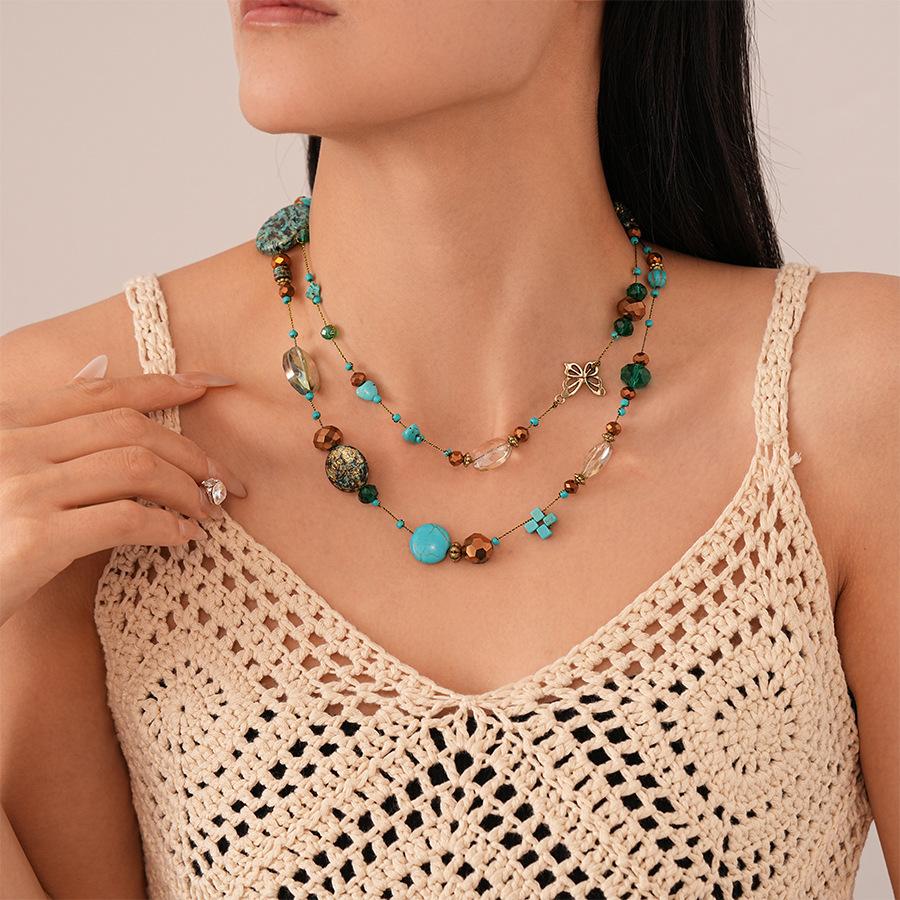 Ethnic style blue color artificial stone geometric multi-layer stacking necklace temperament collarbone necklace