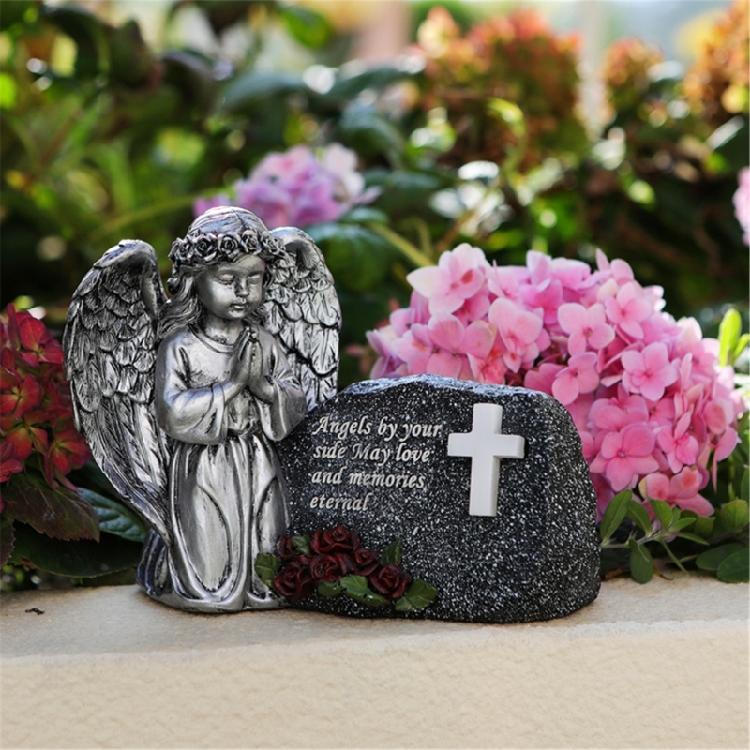 Resin Praying Angel Garden Statue With Solar Lighted Crosses Outdoor Waterproof Sculpture Grave Lamp for Patios Cemetery