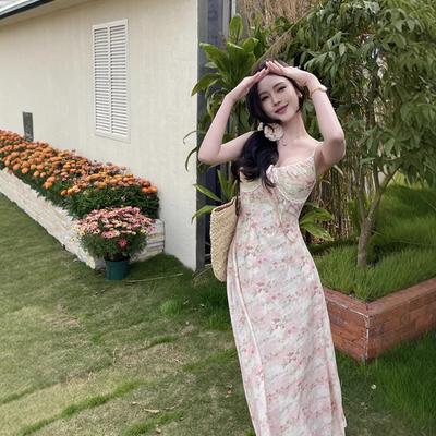 Lace Floral Dress Women's Summer French Seaside Vacation Gentle Wind A Word Suspender Dress Medium and Long Dress