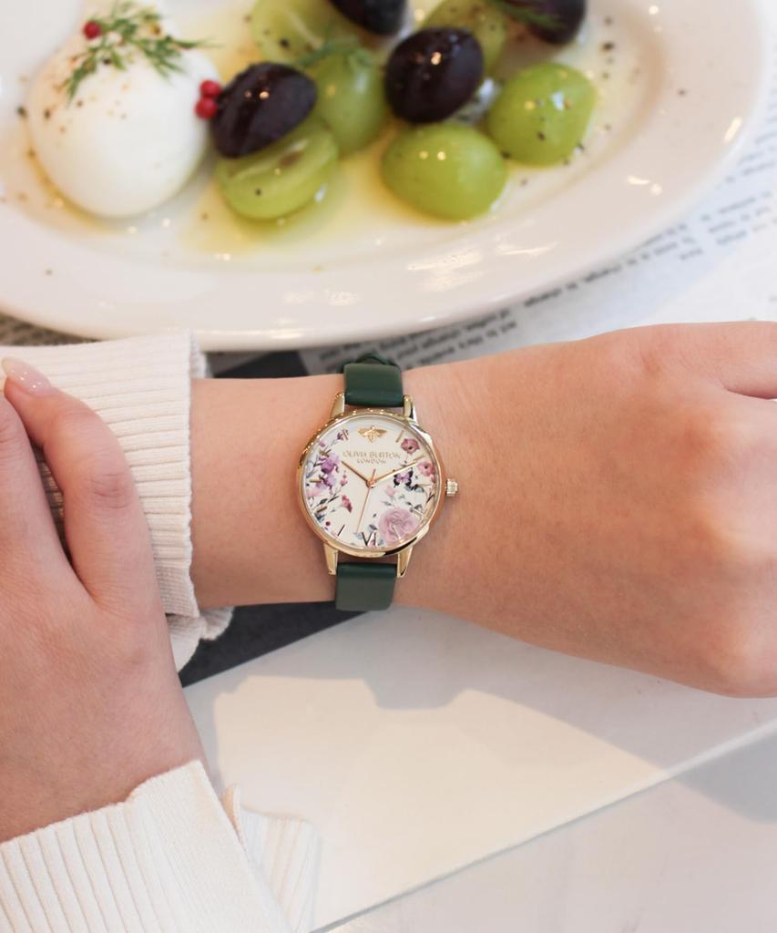 Authorized Dealer Olivia Burton Watch Illustrated Floral Forest Green Leather 30mm 24000360 [OLIVIA BURTON] Women's [SIGNATURE]