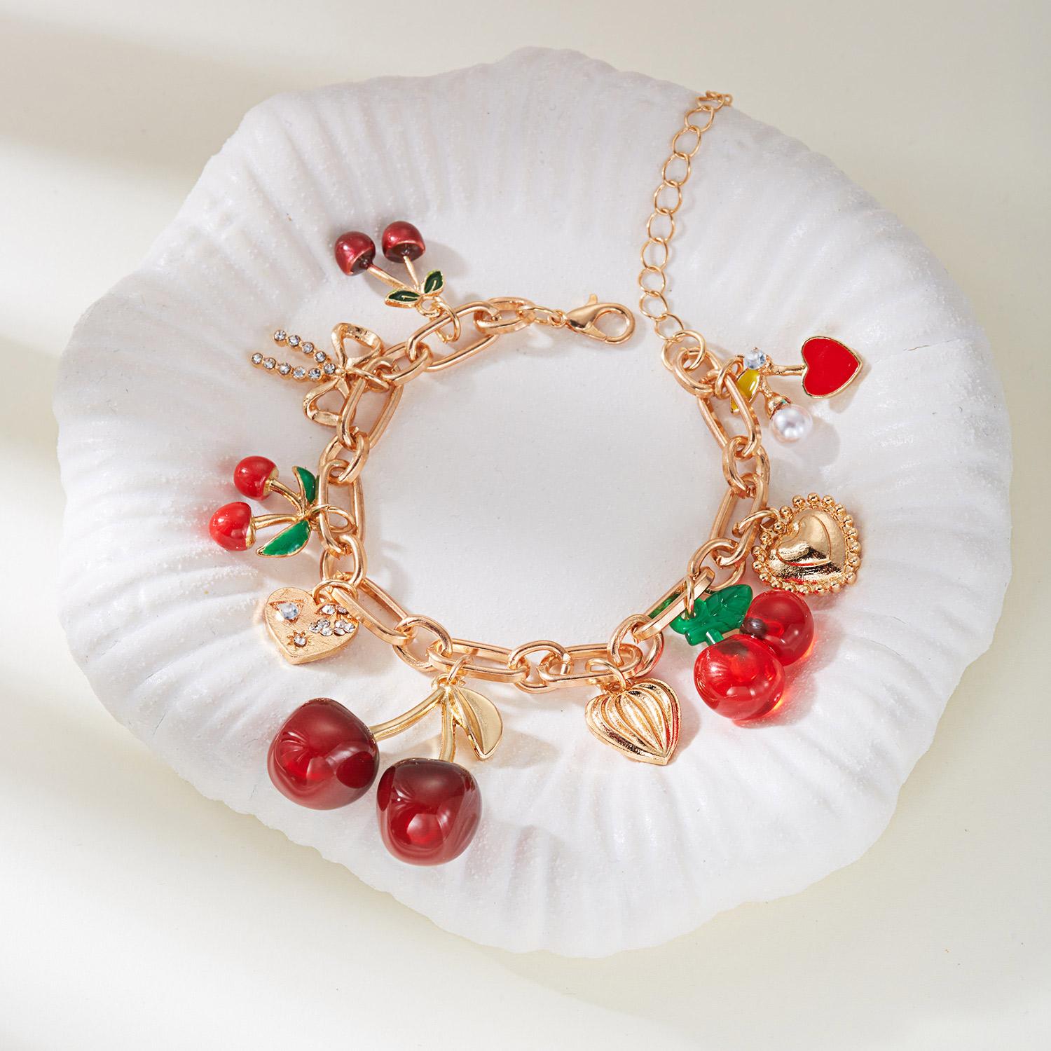 

Summer Fruit Cherry Bracelet for Women Dopamine Dressing Red Heart Pearl Charm Chunky Metal Bangle Female Vacation Party Jewelry