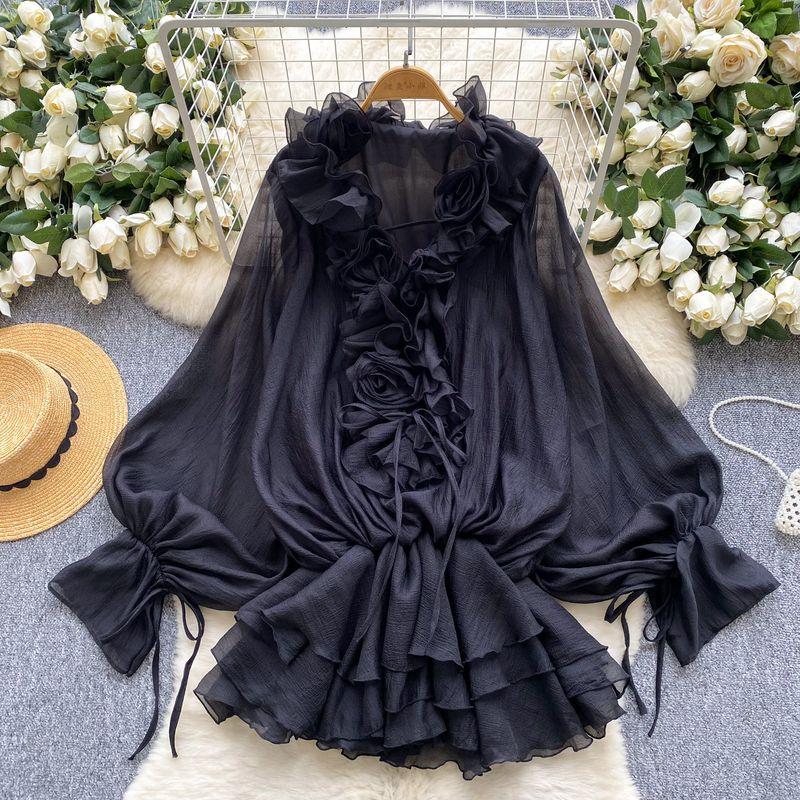 

Европейское и американское платье высокого класса с рукавами-фонариками, женское летнее платье с оборками, трехмерным цветочным дизайном на бретелях, уникальное красивое короткое платье Black All yards