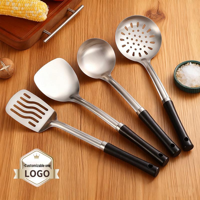 Japanese Kitchenware Set: Stainless Steel Spatula, Soup Ladle, Slotted Spoon, Charcoal Gray, Anti-scalding Cooking Utensils.