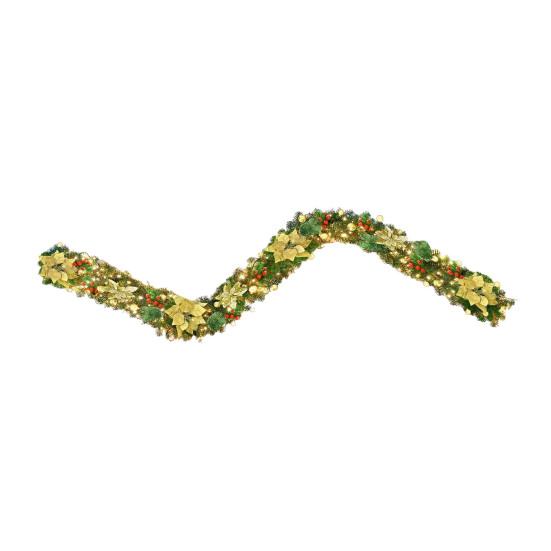 180CM Artificial Christmas Garland with Light Simulation Flower Holly Berry Red Balls Fake Rattan Mantle Fireplace Porch Indoor Outdoor Decoration