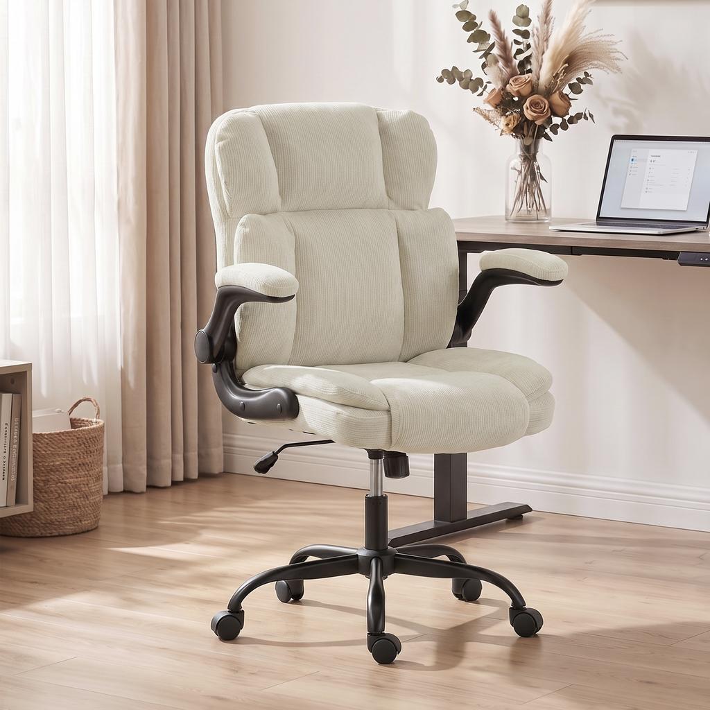 Ergonomic Office Chair, Chenille, Flip-Up Armrests, Adjustable Height, 70 x 67 x 108 cm, Beige
