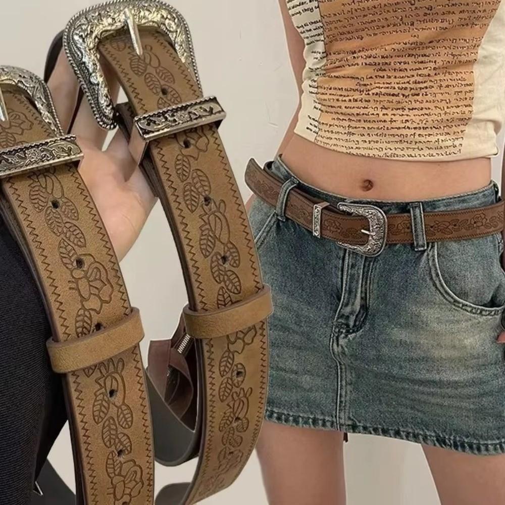 Fashion Hip Hop Y2K Pattern Belt Adjustable Engraved Rose Pattern Western PU Leather Belt Waist Belt Women Jeans Decoration