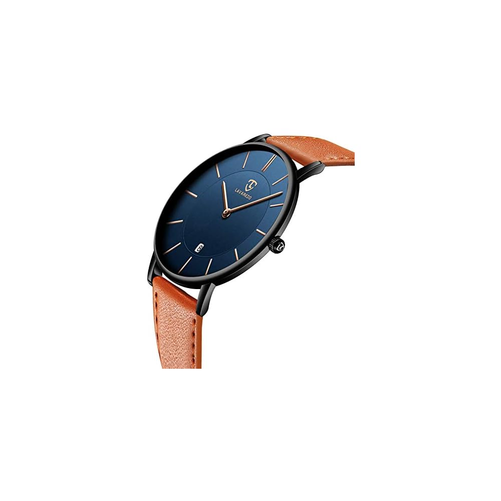 Minimalist Men's Analog Watch with Date Display and Leather Strap Orange Blue