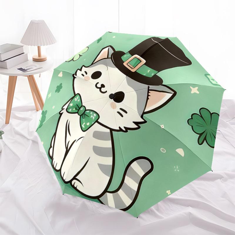 1pc Leprechaun Cat Automatic Folding Umbrella - Compact 8-Rib Design, Durable Plastic & Iron, Lightweight for Outdoor Daily Use140