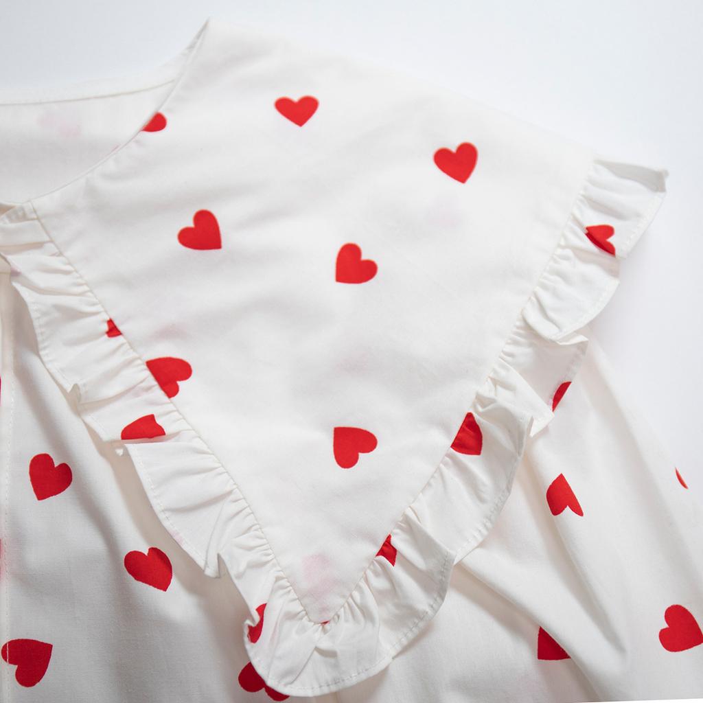 Spring and Autumn Women's Cotton Shirt Love Printed Shirt Doll Collar Lantern Sleeve Shirt