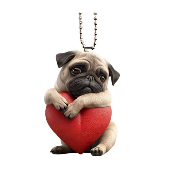 Acrylic Heart Dog Car Hanging Ornament Cute Puppy Pendant with Red Heart Car Rearview Mirror Decoration with Adjustable Strap