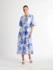2023 Autumn Stand Collar Puff Sleeve Belted Print Long Dress for Women