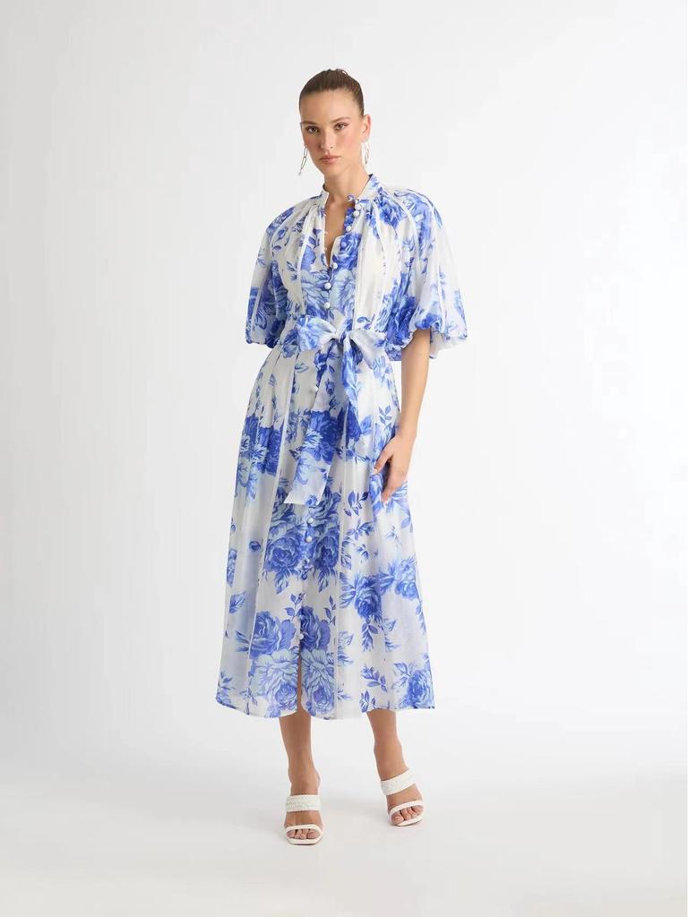 2023 Autumn Stand Collar Puff Sleeve Belted Print Long Dress for Women
