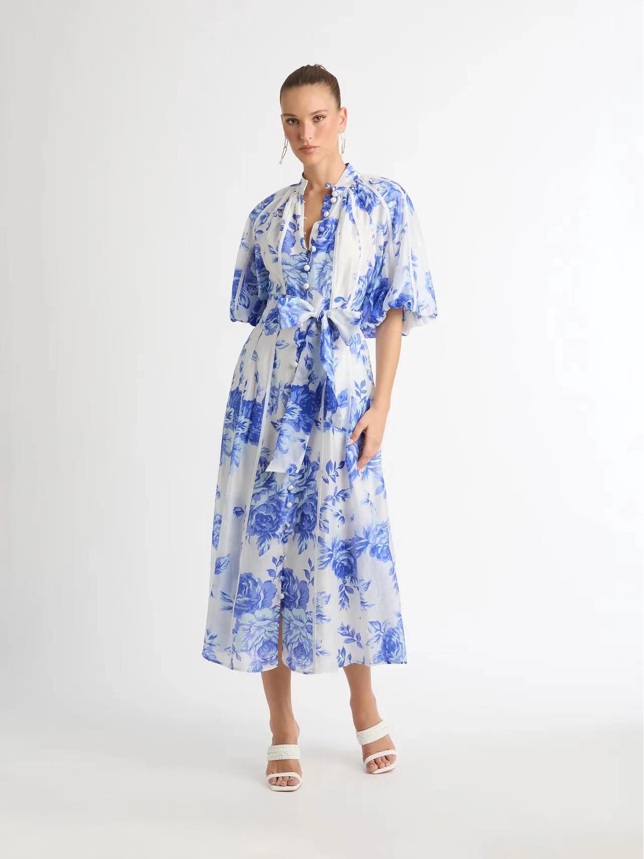 

Осеннее длинное платье 2023 года с воротником-стойкой, рукавами-фонариками и поясом для женщин Medium