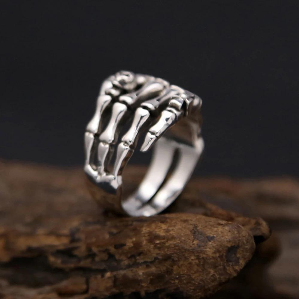 

S925 Skeleton Hand Ring Gothic Open Skull Rings for Women Men Halloween Punk Jewelry Gift resizable