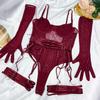 Sexy One-piece Underwear, Fun, Ultra-thin Mesh Straps, Splicing Leg Rings, Gloves, Bra Four-piece Set